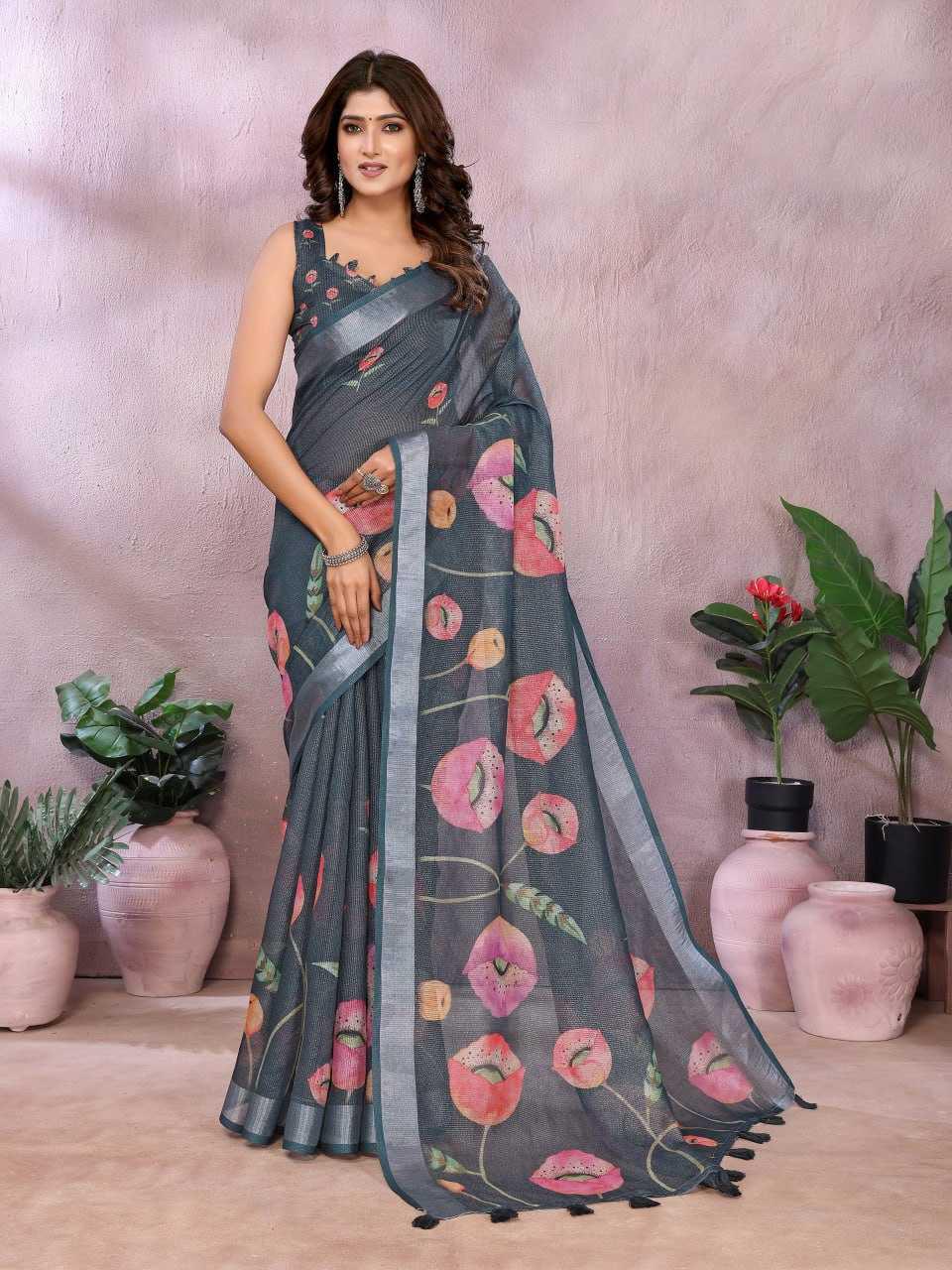printed-floral-linen-saree