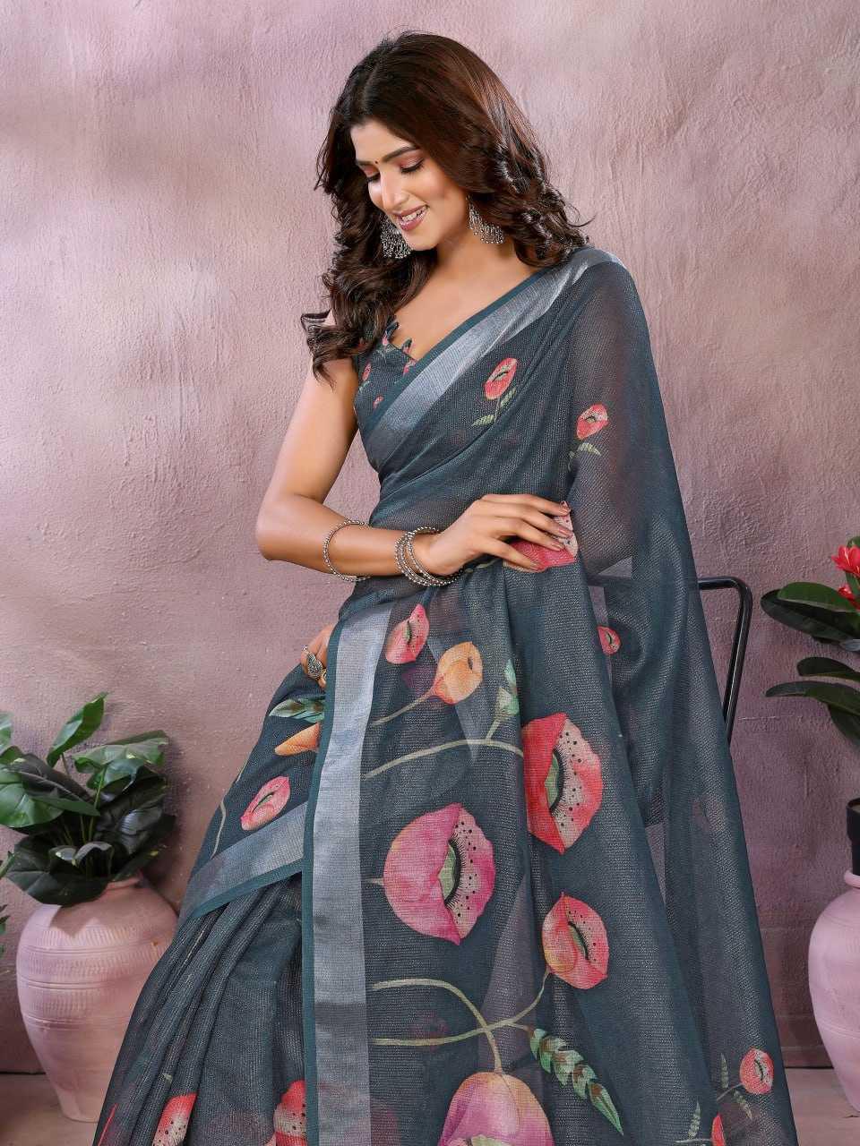 printed-floral-linen-saree
